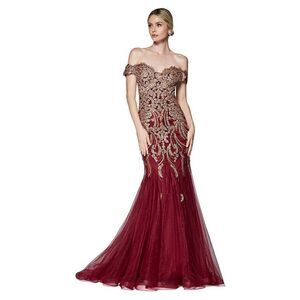 ✨Cinderella Divine Red & Gold Off Shoulder Beaded Lace Tulle Mermaid Gown Sz 10✨